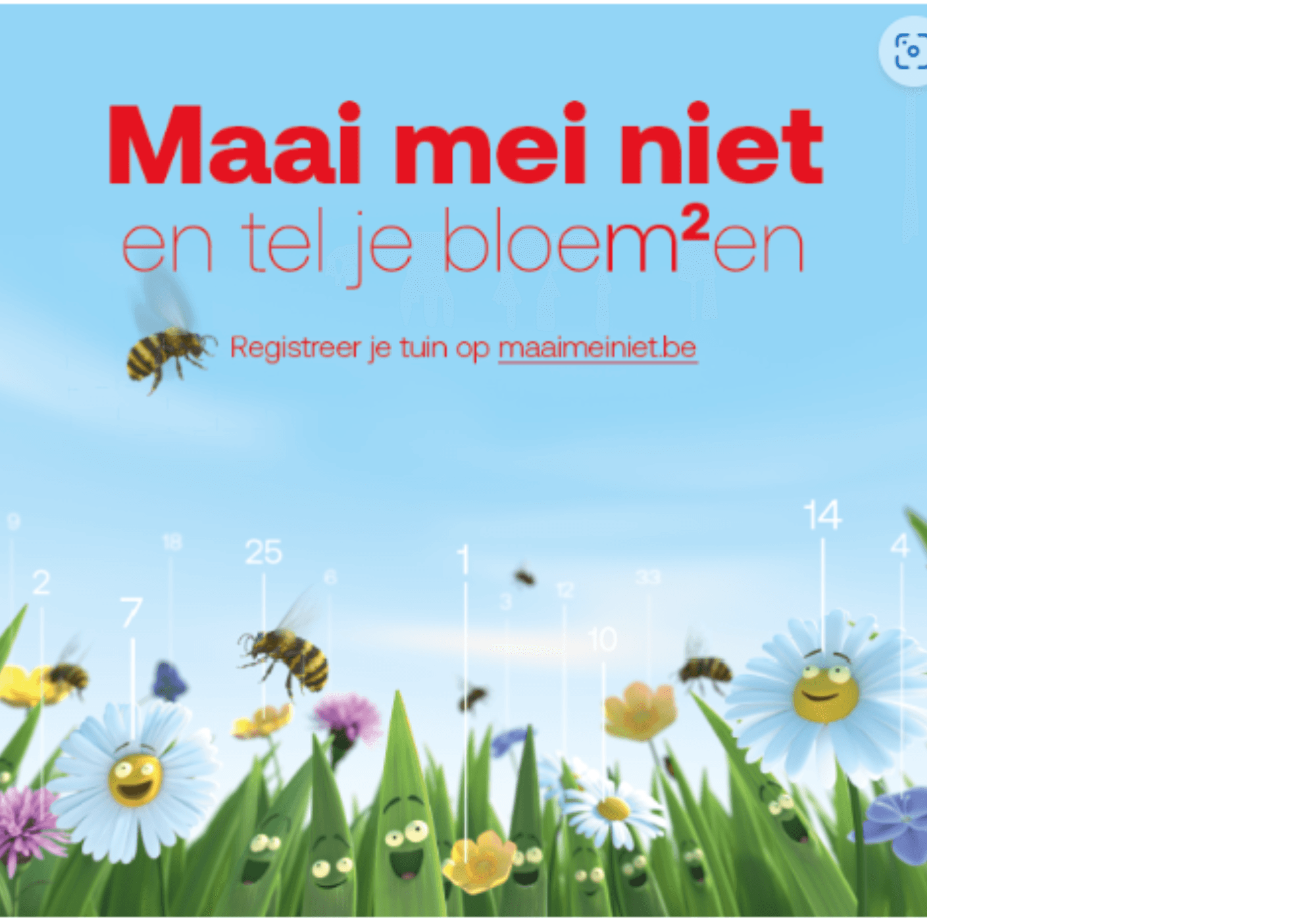 Tekening van gras en bloemen met gezichtjes tegen een blauwe lucht met een paar bijen die rond de tekst Maai mei niet en tel je bloemen vliegen