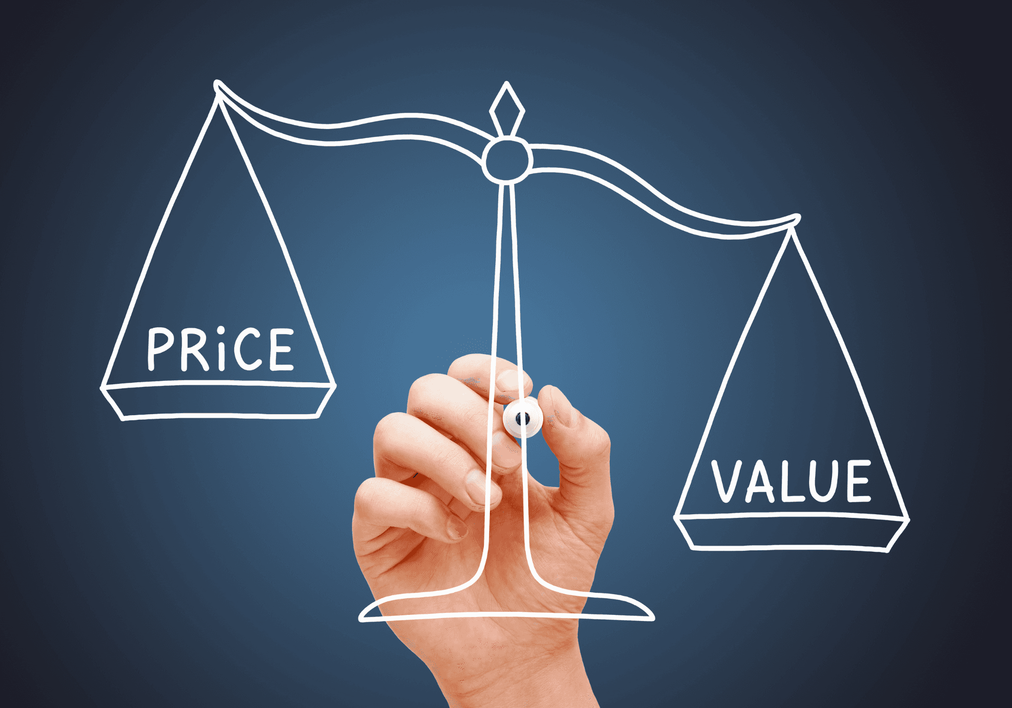 Een getekende weegschaal met op het linkerschaaltje het woord price en op het rechterschaaltje het woord value. En vervolgens een hand die de twee schaaltjes probeert in eventwicht te brengen.