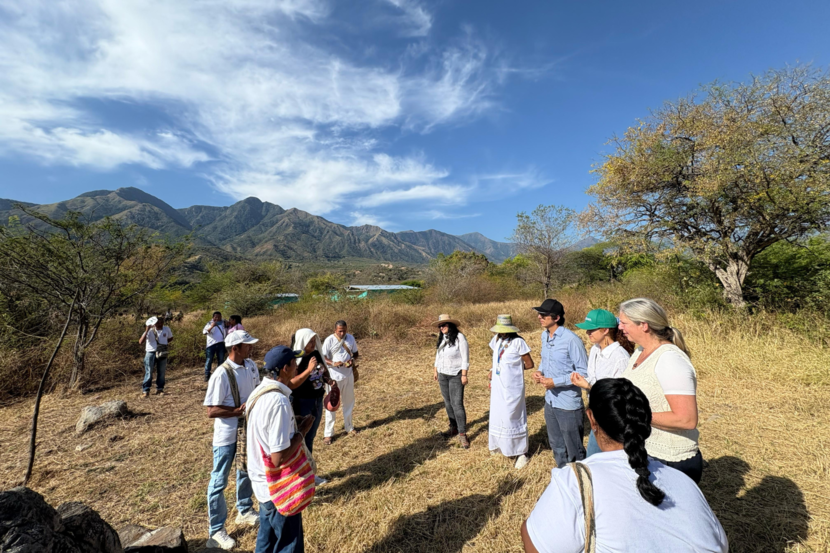 Group of people one field with mountains