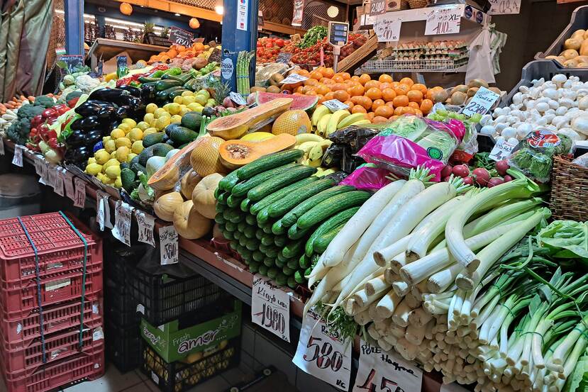 Produce at the stand of a vegetable vendor in the Great Market Hall at Fővám tér in Budapest