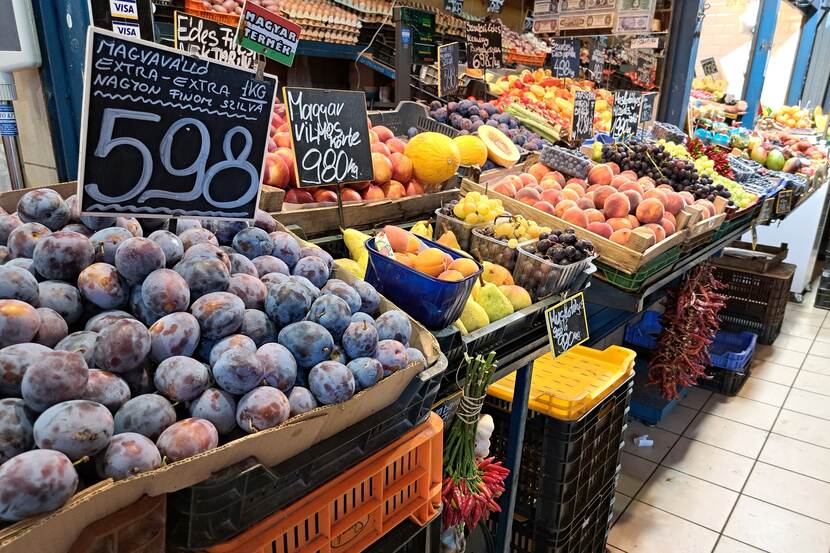 Various fruits at a seller's stand in a market hall in Budapest, Hungary.