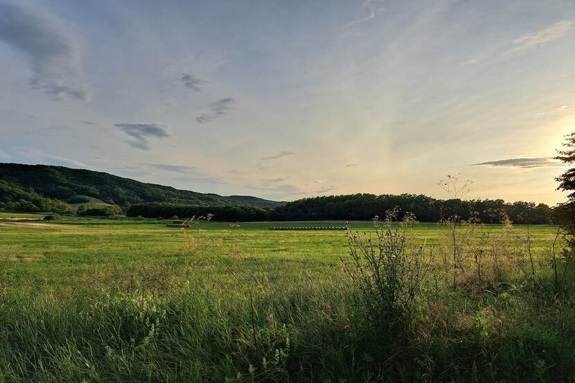 Sunset in the North Hungarian mountains. A lush green meadow can be seen, with rolling hills covered in deep emerald forests. Rays of sunlight still illuminate the sky.