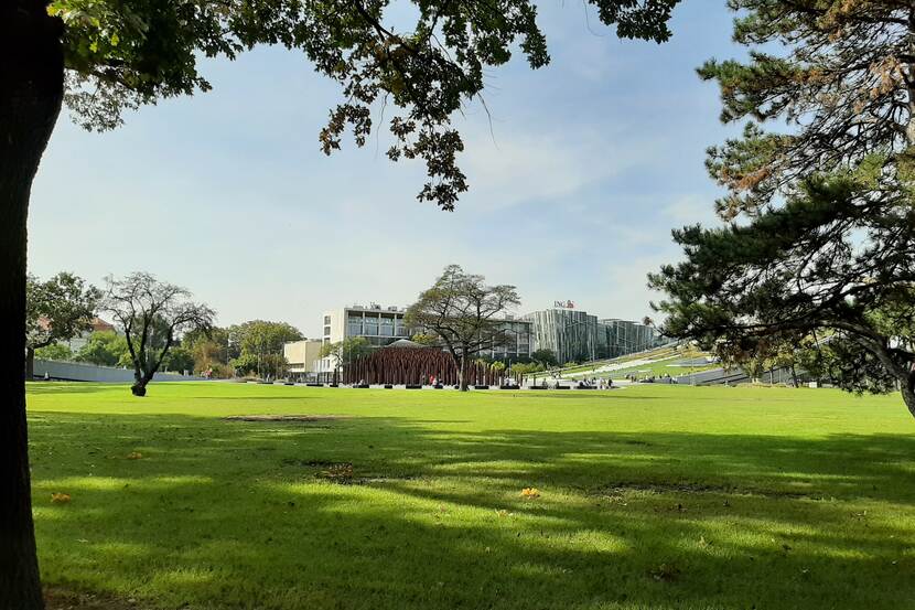 Green grass and trees can be seen in a park with modern buildings in the background. The buildings show a mixture of the modernist and international styles. The sky is pale blue, the trees cast long shadows on the sunlit grass.
