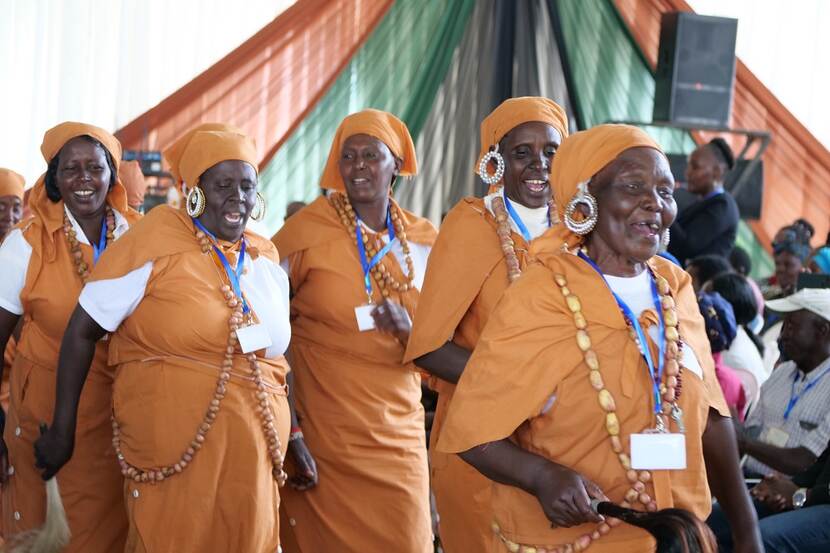 International Potato Day - cultural dancers with potato necklaces to indicate the importance of the potato crop in Nyandarua County