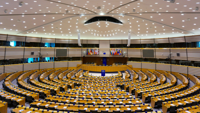 Grote vergaderzaal van het Europees Parlement met stoelen in een halve cirkel en met de vlaggen van de Europese lidstaten in het midden