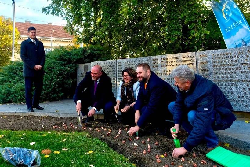 Ambassador Sancisi planting Slovensko tulip in Kosice