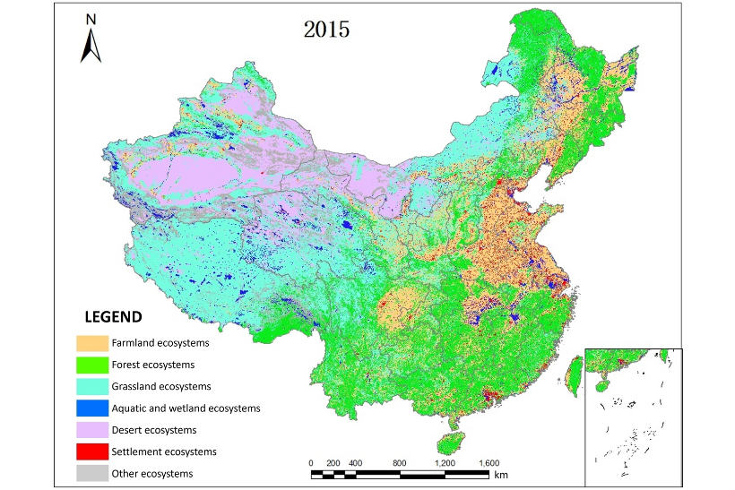 Spatial distribution of ecosystem types in China in 2015